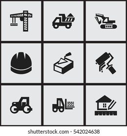 Set Of 9 Editable Construction Icons. Includes Symbols Such As Truck, Spatula, Lifting Equipment And More. Can Be Used For Web, Mobile, UI And Infographic Design.