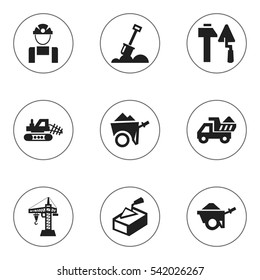 Set Of 9 Editable Construction Icons. Includes Symbols Such As Handcart , Construction Tools, Trolley. Can Be Used For Web, Mobile, UI And Infographic Design.