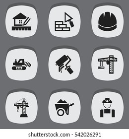 Set Of 9 Editable Construction Icons. Includes Symbols Such As Lifting Equipment, Facing, Mule And More. Can Be Used For Web, Mobile, UI And Infographic Design.