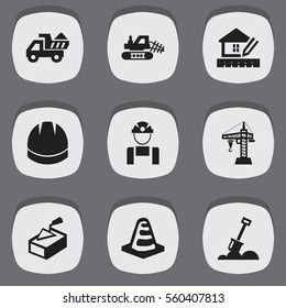 Set Of 9 Editable Construction Icons. Includes Symbols Such As Employee, Mule, Home Scheduling And More. Can Be Used For Web, Mobile, UI And Infographic Design.