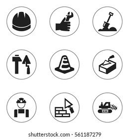 Set Of 9 Editable Construction Icons. Includes Symbols Such As Mule, Hardhat, Notice Object And More. Can Be Used For Web, Mobile, UI And Infographic Design.