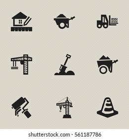 Set Of 9 Editable Construction Icons. Includes Symbols Such As Scrub, Trolley, Notice Object And More. Can Be Used For Web, Mobile, UI And Infographic Design.