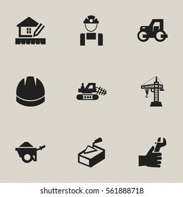 Set Of 9 Editable Construction Icons. Includes Symbols Such As Home Scheduling, Elevator, Mule And More. Can Be Used For Web, Mobile, UI And Infographic Design.