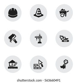 Set Of 9 Editable Construction Icons. Includes Symbols Such As Notice Object , Handcart , Facing. Can Be Used For Web, Mobile, UI And Infographic Design.
