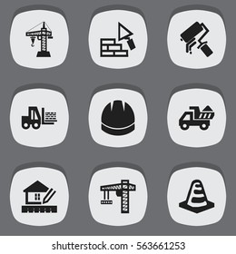 Set Of 9 Editable Construction Icons. Includes Symbols Such As Elevator, Truck, Lifting Equipment And More. Can Be Used For Web, Mobile, UI And Infographic Design.