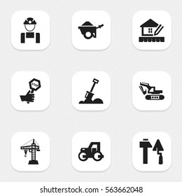 Set Of 9 Editable Construction Icons. Includes Symbols Such As Employee, Oar, Trolley And More. Can Be Used For Web, Mobile, UI And Infographic Design.