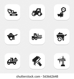 Set Of 9 Editable Construction Icons. Includes Symbols Such As Excavation Machine, Truck, Trolley And More. Can Be Used For Web, Mobile, UI And Infographic Design.