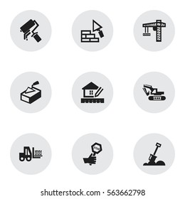 Set Of 9 Editable Construction Icons. Includes Symbols Such As Endurance, Facing, Lifting Equipment And More. Can Be Used For Web, Mobile, UI And Infographic Design.