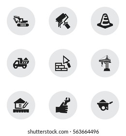 Set Of 9 Editable Construction Icons. Includes Symbols Such As Trolley, Excavation Machine, Notice Object And More. Can Be Used For Web, Mobile, UI And Infographic Design.