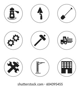 Set Of 9 Editable Construction Icons. Includes Symbols Such As Trowel, Cogwheel, Truck And More. Can Be Used For Web, Mobile, UI And Infographic Design.