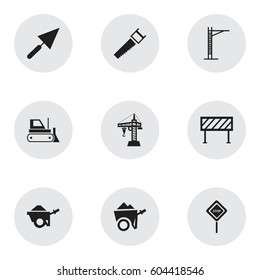 Set Of 9 Editable Construction Icons. Includes Symbols Such As Trolley, Hoisting Machine, Barrier And More. Can Be Used For Web, Mobile, UI And Infographic Design.