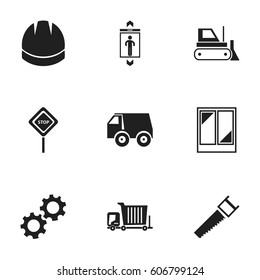 Set Of 9 Editable Construction Icons. Includes Symbols Such As Hardhat, Cogwheel, Lorry And More. Can Be Used For Web, Mobile, UI And Infographic Design.