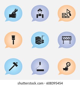 Set Of 9 Editable Construction Icons. Includes Symbols Such As Facing, Hands , Building. Can Be Used For Web, Mobile, UI And Infographic Design.