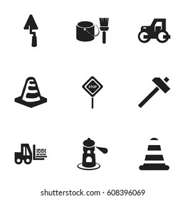 Set Of 9 Editable Construction Icons. Includes Symbols Such As Brush With Bucket, Seamark, Warning Cone And More. Can Be Used For Web, Mobile, UI And Infographic Design.