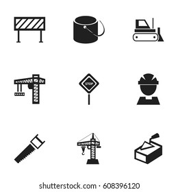 Set Of 9 Editable Construction Icons. Includes Symbols Such As Elevator, Hacksaw, Spatula And More. Can Be Used For Web, Mobile, UI And Infographic Design.