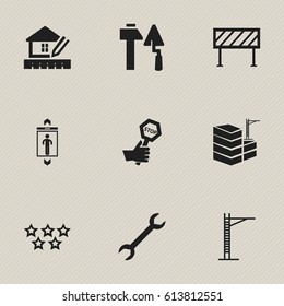 Set Of 9 Editable Construction Icons. Includes Symbols Such As Five Starlet, Lift, Endurance And More. Can Be Used For Web, Mobile, UI And Infographic Design.