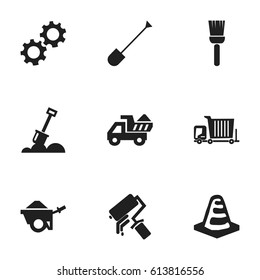 Set Of 9 Editable Construction Icons. Includes Symbols Such As Cogwheel, Oar, Camion And More. Can Be Used For Web, Mobile, UI And Infographic Design.