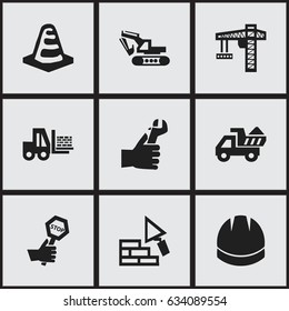 Set Of 9 Editable Construction Icons. Includes Symbols Such As Hands , Hardhat , Facing. Can Be Used For Web, Mobile, UI And Infographic Design.