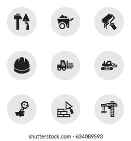 Set Of 9 Editable Construction Icons. Includes Symbols Such As Scrub, Hardhat, Truck And More. Can Be Used For Web, Mobile, UI And Infographic Design.