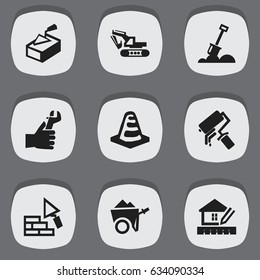 Set Of 9 Editable Construction Icons. Includes Symbols Such As Notice Object , Facing, Handcart. Can Be Used For Web, Mobile, UI And Infographic Design.