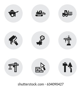 Set Of 9 Editable Construction Icons. Includes Symbols Such As Scrub, Lifting Equipment, Construction Tools And More. Can Be Used For Web, Mobile, UI And Infographic Design.