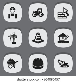 Set Of 9 Editable Construction Icons. Includes Symbols Such As Hardhat , Facing, Handcart. Can Be Used For Web, Mobile, UI And Infographic Design.