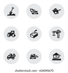 Set Of 9 Editable Construction Icons. Includes Symbols Such As Trolley, Excavation Machine, Spatula And More. Can Be Used For Web, Mobile, UI And Infographic Design.