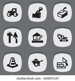 Set Of 9 Editable Construction Icons. Includes Symbols Such As Facing, Home Scheduling, Trolley And More. Can Be Used For Web, Mobile, UI And Infographic Design.