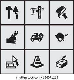 Set Of 9 Editable Construction Icons. Includes Symbols Such As Lifting Equipment, Trolley, Camion And More. Can Be Used For Web, Mobile, UI And Infographic Design.