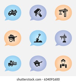 Set Of 9 Editable Construction Icons including Symbols Such As Oar, Camion, Scrub And More. Can Be Used For Web, Mobile, UI And Infographic Design.