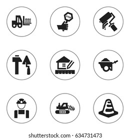 Set Of 9 Editable Construction Icons. Includes Symbols Such As Notice Object, Home Scheduling, Construction Tools And More. Can Be Used For Web, Mobile, UI And Infographic Design.