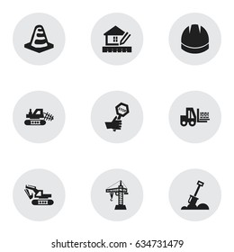 Set Of 9 Editable Construction Icons. Includes Symbols Such As Oar, Truck, Elevator And More. Can Be Used For Web, Mobile, UI And Infographic Design.