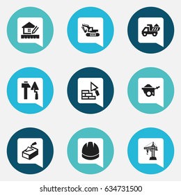 Set Of 9 Editable Construction Icons. Includes Symbols Such As Spatula, Construction Tools, Camion And More. Can Be Used For Web, Mobile, UI And Infographic Design.