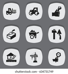Set Of 9 Editable Construction Icons. Includes Symbols Such As Home Scheduling, Handcart , Elevator. Can Be Used For Web, Mobile, UI And Infographic Design.
