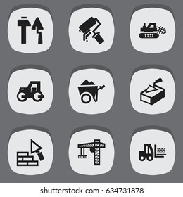 Set Of 9 Editable Construction Icons. Includes Symbols Such As Scrub, Construction Tools, Handcart. Can Be Used For Web, Mobile, UI And Infographic Design.