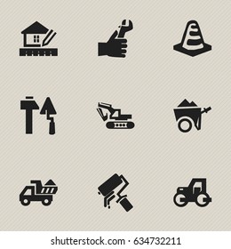 Set Of 9 Editable Construction Icons. Includes Symbols Such As Notice Object , Handcart , Camion. Can Be Used For Web, Mobile, UI And Infographic Design.