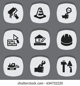 Set Of 9 Editable Construction Icons. Includes Symbols Such As Home Scheduling, Mule, Endurance And More. Can Be Used For Web, Mobile, UI And Infographic Design.