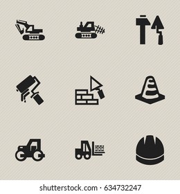 Set Of 9 Editable Construction Icons. Includes Symbols Such As Facing, Construction Tools, Excavation Machine And More. Can Be Used For Web, Mobile, UI And Infographic Design.