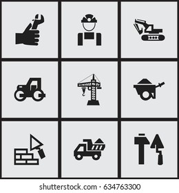 Set Of 9 Editable Construction Icons. Includes Symbols Such As Camion , Caterpillar, Hands. Can Be Used For Web, Mobile, UI And Infographic Design.