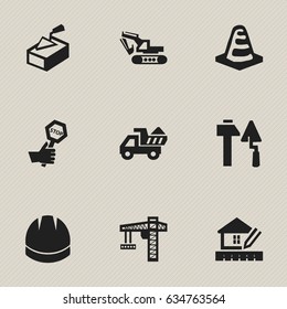 Set Of 9 Editable Construction Icons. Includes Symbols Such As Home Scheduling, Endurance, Notice Object And More. Can Be Used For Web, Mobile, UI And Infographic Design.