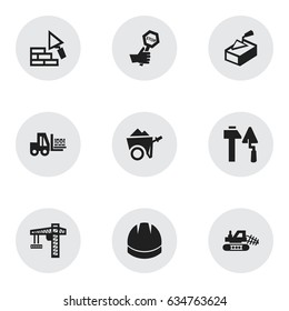 Set Of 9 Editable Construction Icons. Includes Symbols Such As Truck, Construction Tools, Endurance And More. Can Be Used For Web, Mobile, UI And Infographic Design.