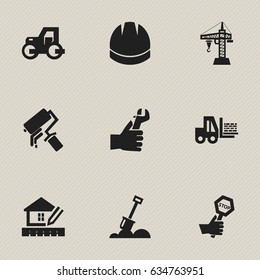 Set Of 9 Editable Construction Icons. Includes Symbols Such As Oar, Hardhat, Endurance And More. Can Be Used For Web, Mobile, UI And Infographic Design.