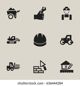 Set Of 9 Editable Construction Icons. Includes Symbols Such As Hands , Hardhat , Home Scheduling. Can Be Used For Web, Mobile, UI And Infographic Design.