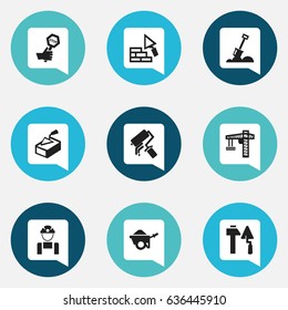 Set Of 9 Editable Construction Icons. Includes Symbols Such As Lifting Equipment, Facing, Scrub And More. Can Be Used For Web, Mobile, UI And Infographic Design.