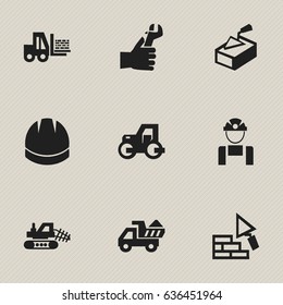 Set Of 9 Editable Construction Icons. Includes Symbols Such As Mule, Hands , Facing. Can Be Used For Web, Mobile, UI And Infographic Design.