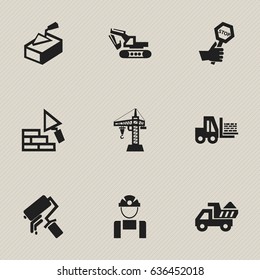 Set Of 9 Editable Construction Icons. Includes Symbols Such As Excavation Machine, Camion, Employee And More. Can Be Used For Web, Mobile, UI And Infographic Design.