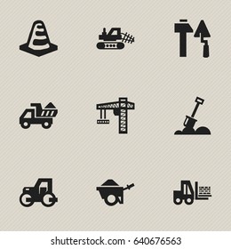 Set Of 9 Editable Construction Icons. Includes Symbols Such As Lifting Equipment, Trolley, Construction Tools And More. Can Be Used For Web, Mobile, UI And Infographic Design.