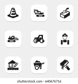 Set Of 9 Editable Construction Icons. Includes Symbols Such As Mule, Home Scheduling, Scrub And More. Can Be Used For Web, Mobile, UI And Infographic Design.