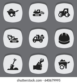 Set Of 9 Editable Construction Icons. Includes Symbols Such As Hardhat, Excavation Machine, Mule And More. Can Be Used For Web, Mobile, UI And Infographic Design.