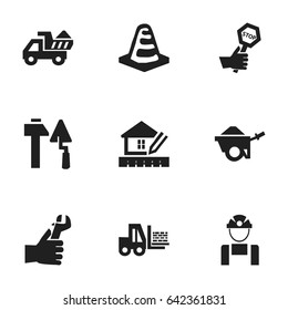 Set Of 9 Editable Construction Icons. Includes Symbols Such As Camion, Trolley, Notice Object And More. Can Be Used For Web, Mobile, UI And Infographic Design.